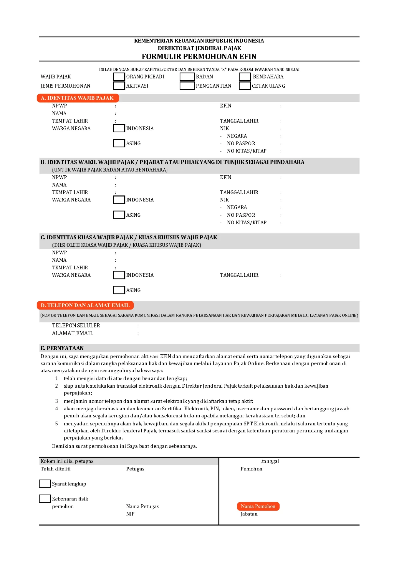 Section yang harus diisi di formulir permohonan EFIN